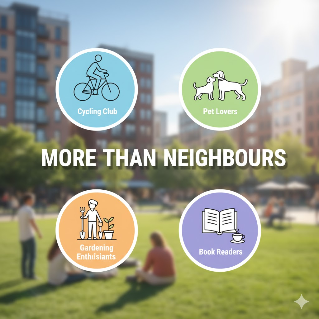 Community groups: Cycling Club, Pet Lovers, Gardening Enthusiasts, Book Readers